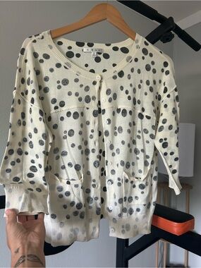 CAbi Cream and Gray Polka Dot Top